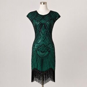 Babeyond 1920's Gatsby Flapper Dress‎ Sz M Green Beaded Fringed Sequin Art Deco